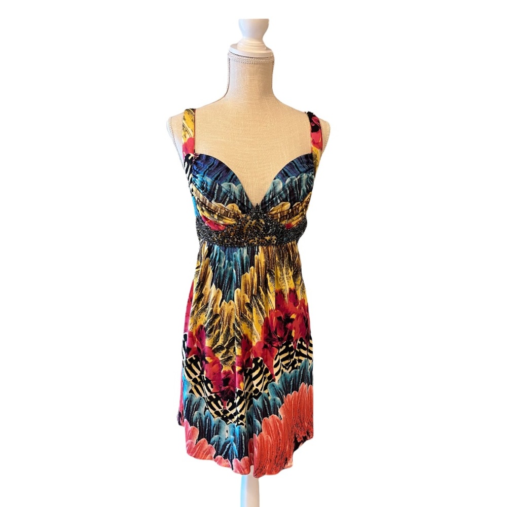 Sky mini with  jeweled detail.  Vibrant print .  New w/ tags.  Sz. M 100% silk.